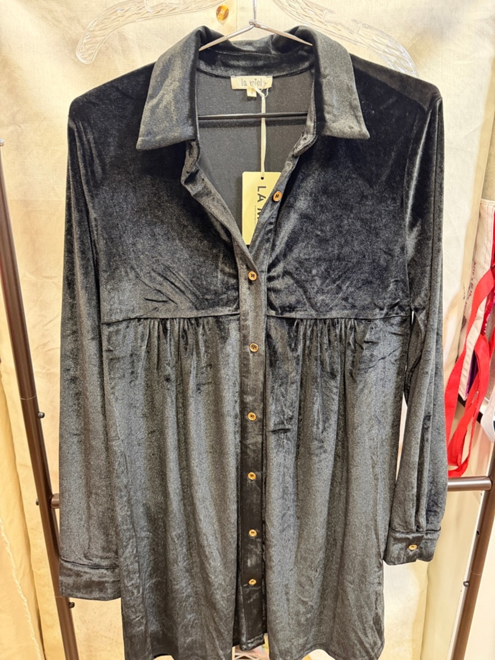 LA MIEL Black Velvet Button-Front Tunic Dress
